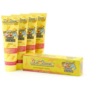 Dr. Bauer's Zahnpasta Lovely Friends Jungle 90ml, 4er Pack mit vier gelben Tuben und verspielter Cartoon-Tier-Verpackung, um Ihre tägliche Zahnpflege zu verschönern.