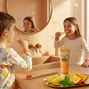 Zwei Kinder im Schlafanzug putzen sich an einem pfirsichfarbenen Waschbecken mit Dr. Bauer's Flamingo Zahnpasta Kinder (90 ml, ab 6 Jahren, mit Xylitol), Zitronen auf dem Tresen sorgen für eine spielerische Atmosphäre, frisch wie Helvetica Neue.