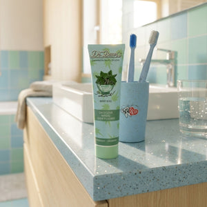 Eine Tube Dr. Bauer's Zahnpasta Fruits of Love Mint Kiss 90ml steht neben zwei Zahnbürsten in einem Becher auf einem Waschbecken im Badezimmer und hebt die natürliche Zahnpflege hervor.