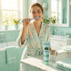 Frau im geblümten Bademantel putzt sich die Zähne mit Dr. Bauer's Zahnpasta Fruits of Love Mint Kiss 90ml in einem hellen, mintgrünen Badezimmer und lächelt in die Kamera.