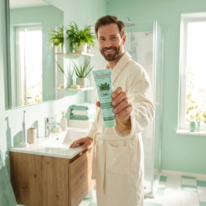 Ein Mann im Bademantel hält eine Tube von Dr. Bauer's Zahnpasta Fruits of Love Mint Kiss 90ml von Dr. Bauer's in einem hellen, modernen Badezimmer mit grünen Akzenten.