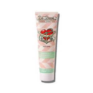 Eine 90-ml-Tube Dr. Bauers Zahnpasta Mineral Love Hot Love mit rosa Design, Herzillustration und erfrischender Minze-Essenz auf der Vorderseite.