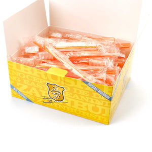 Öffnen Sie die gelbe Schachtel von Dr. Bauer's Einmalzahnbürsten mit Zahnpasta 100er Packung ORANGE, die einzeln verpackte orangefarbene Einwegzahnbürsten enthält.
