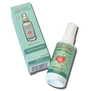 Ein verpacktes und unverpacktes Dr. Bauer’s Original Love Mundspray 50ml, Pfefferminzgeschmack, für frischen Atem mit lysierter Probiotika.