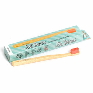 Die Dr. Bauer's Daily Love Zahnbürste medium von Dr. Bauer's überzeugt mit Holzgriff, roten biobasierten Borsten und türkisfarbener Box - die nachhaltige Wahl für umweltbewusste Zahnpflege.