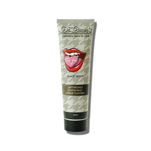 Eine 90-ml-Tube Dr. Bauer’s Zahnpasta Smile of Love Black Night mit einer Lippengrafik und dem Wort „Love“ von Dr. Bauer’s.
