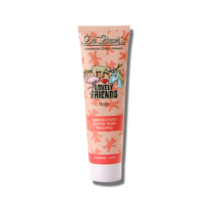 Eine 90-ml-Tube Dr. Bauer's Zahnpasta Lovely Friends mit Teddy-, Erdbeer- und Minze-Geschmack und Xylitol, mit bezaubernden Tierillustrationen auf der Vorderseite.