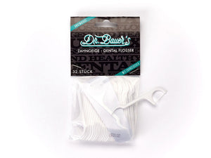Eine Packung Dr. Bauer's Dental Flosser 32 Stück BEUTEL enthält 32 weiße Flosser in einer durchsichtigen Plastiktüte.