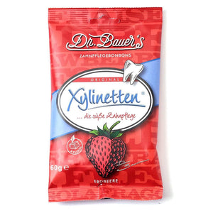 Dr. Bauer's Xylinetten Erdbeere 60g kommen in einer roten Packung mit leuchtendem Erdbeer-Motiv und überzeugen mit fruchtig-süßem Erdbeergeschmack.