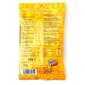 Rückseite der gelben 60-g-Packung von Dr. Bauer’s Xylinetten Multi Frucht mit deutschem Text, Zutaten, Nährwertangaben und Barcode. Diese Zahnpflege-Bonbons von Dr. Bauer’s enthalten natürliches Xylit für zahnfreundlichen Genuss.