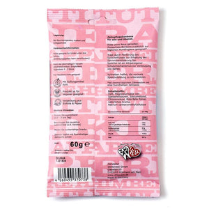 Rückseite der 60-g-Bonbonpackung „Dr. Bauer's Xylinetten Tutti Frutti“ von Dr. Bauer's mit deutschem Text, Anweisungen zur Zahnpflege, Xylitol unter den Zutaten und einem kleinen Zahnmaskottchen.