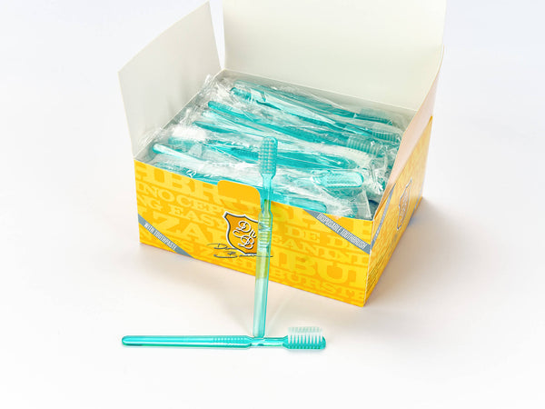 Dr. Bauer's Einmalzahnbürsten mit Zahnpasta einzel verpackt 100er Packung MIX (blau-grün-rot-schwarz)