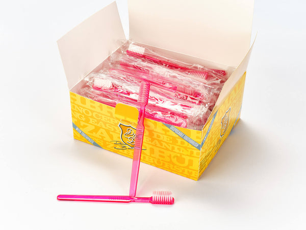 Dr. Bauer's Einmalzahnbürsten mit Zahnpasta einzel verpackt 100er Packung pink