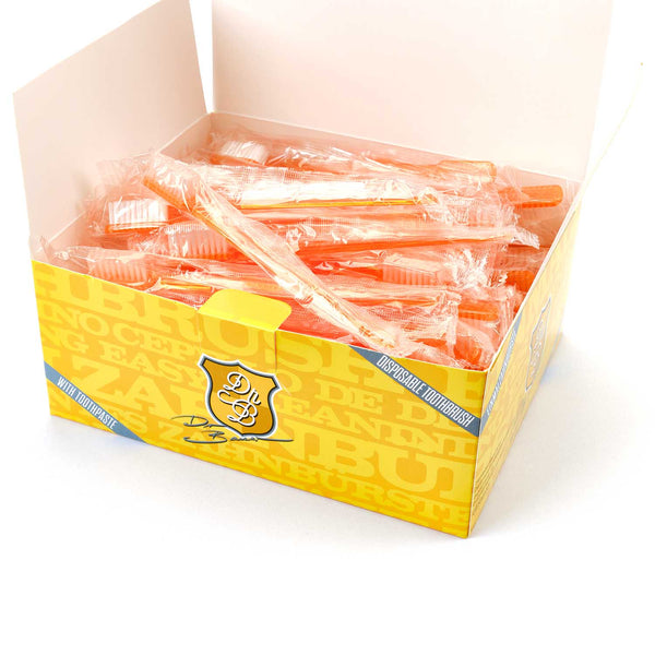 Dr. Bauer's Einmalzahnbürsten mit Zahnpasta einzel verpackt 100er Packung orange