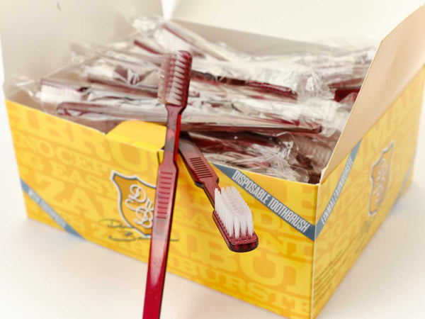 Dr. Bauer's Einmalzahnbürsten mit Zahnpasta einzel verpackt 100er Packung MIX (blau-rot-pink-schwarz)