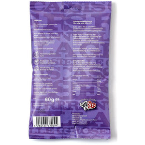 Rückseite einer violetten 60-g-Packung Xylinetten Cassis von Dr. Bauer mit weißem deutschem Text, Nährwertangaben, Strichcode, Zahnpflegeinformationen, Geschmacksrichtung Schwarze Johannisbeere und einem VEGAN-Logo.