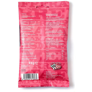 Rückseite der roten Packung Dr. Bauer's Xylinetten Himbeere 60g mit weißem Text, Nährwertangaben, Barcode und Herstellerangaben. Highlights: Dr. Bauer's zuckerfreie Bonbons mit Xylit für zahnfreundlichen Genuss.